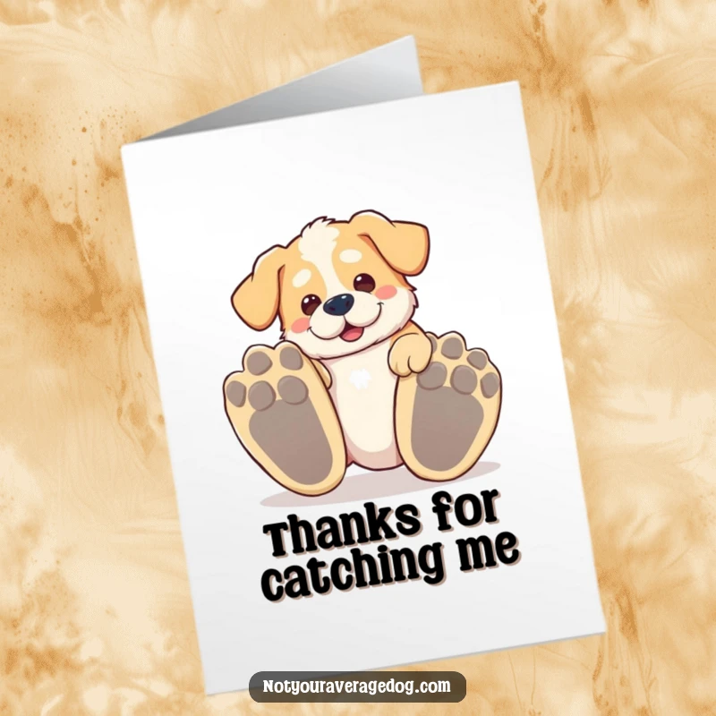 Funny Free Printable Thank You Card of a silly dog taking a playful tumble over its own paws.