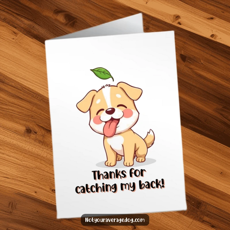 Free Printable Thank You Card: A comical dog jumping hilariously to catch a single falling leaf with its tongue.