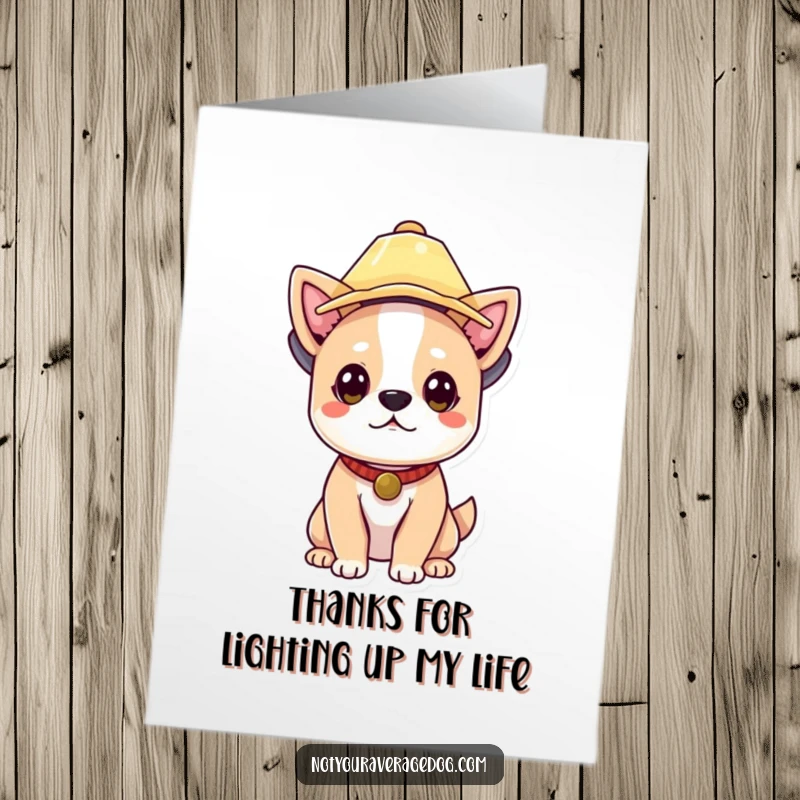 Funny Free Printable Thank You Card: A dog wearing a lampshade hat, looking apologetic but festive.