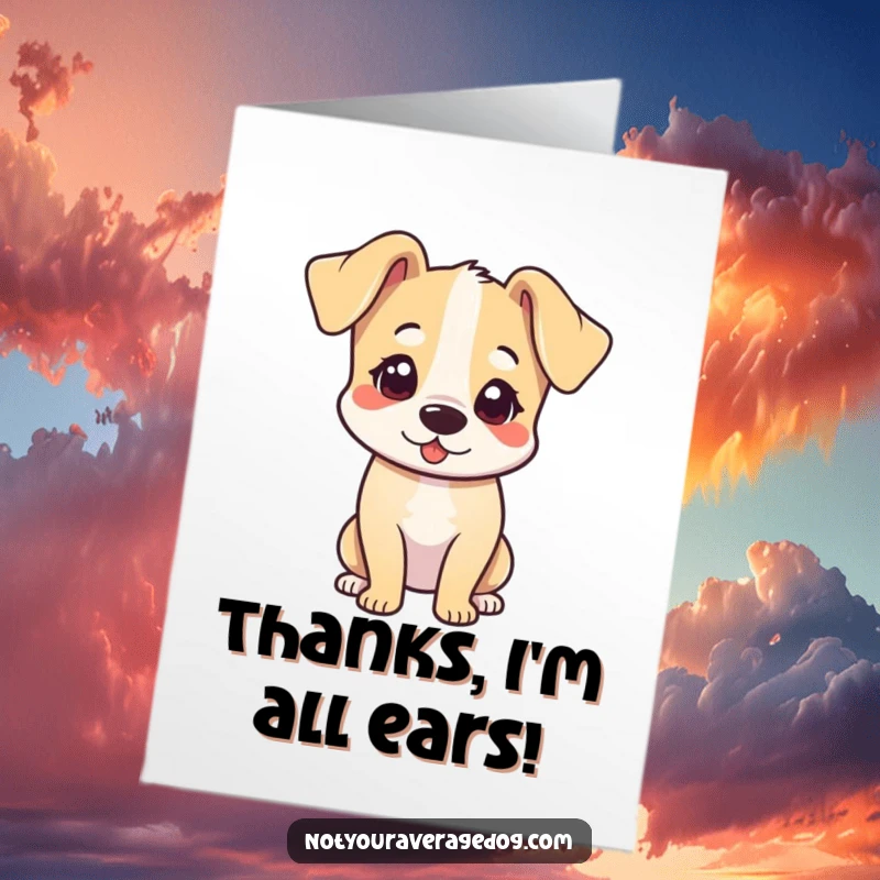 Free Printable Thank You Card: A dog with its head tilted and soft floppy ears, conveying a look of gentle gratitude.