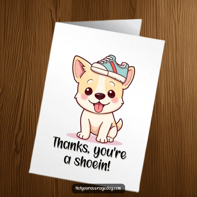 Funny Free Printable Thank You Card of a goofy dog attempting to wear a small shoe like a hat, expressing thanks.