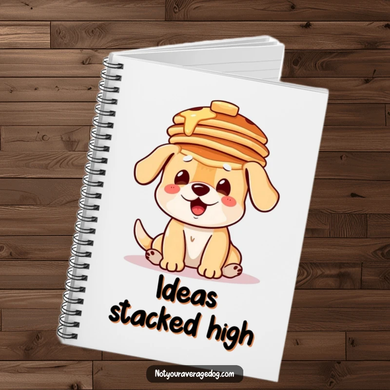 Funny notebook featuring a dog hilariously balancing a stack of pancakes on its head, perfect for jotting down breakfast plans.