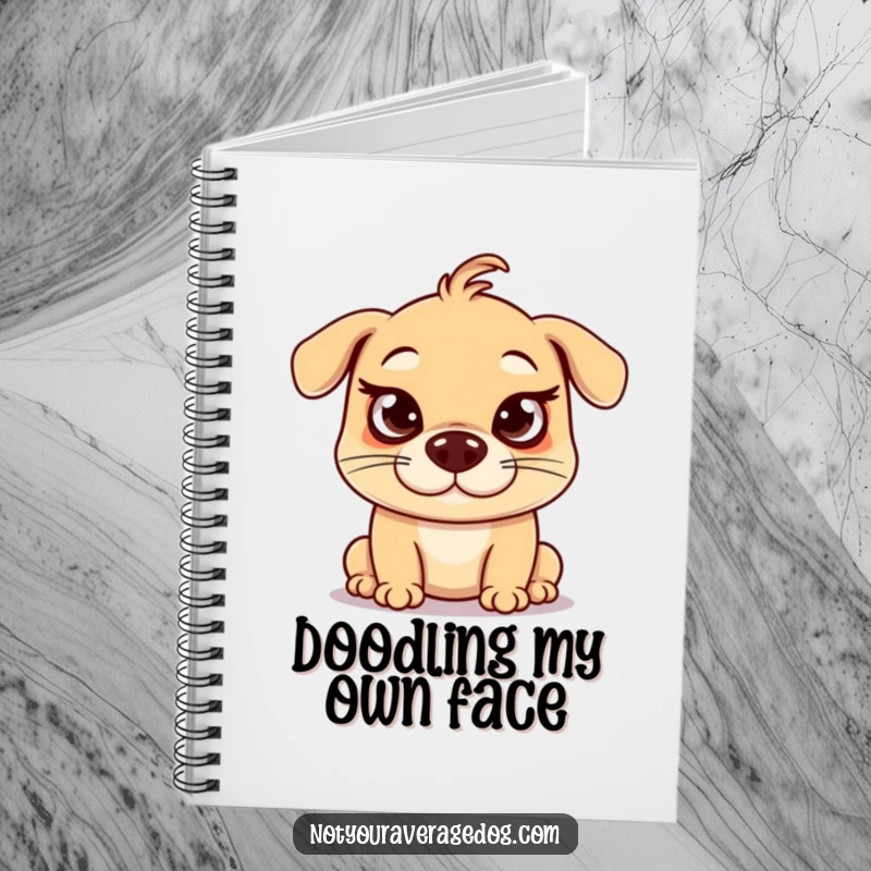 Funny crossed eyes dog notebook, showing a silly dog making an exaggerated funny face, eyes crossed.