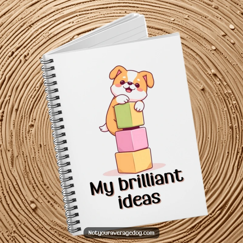 Funny notebook with a dog hilariously attempting to balance a tall stack of wobbly cubes on its nose, ready for notes.