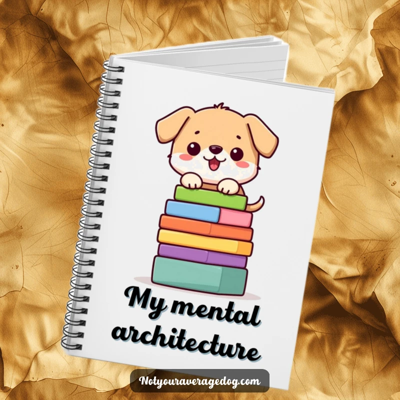 Funny dog notebook with a character precariously balancing a stack of colorful blocks, great for notes.