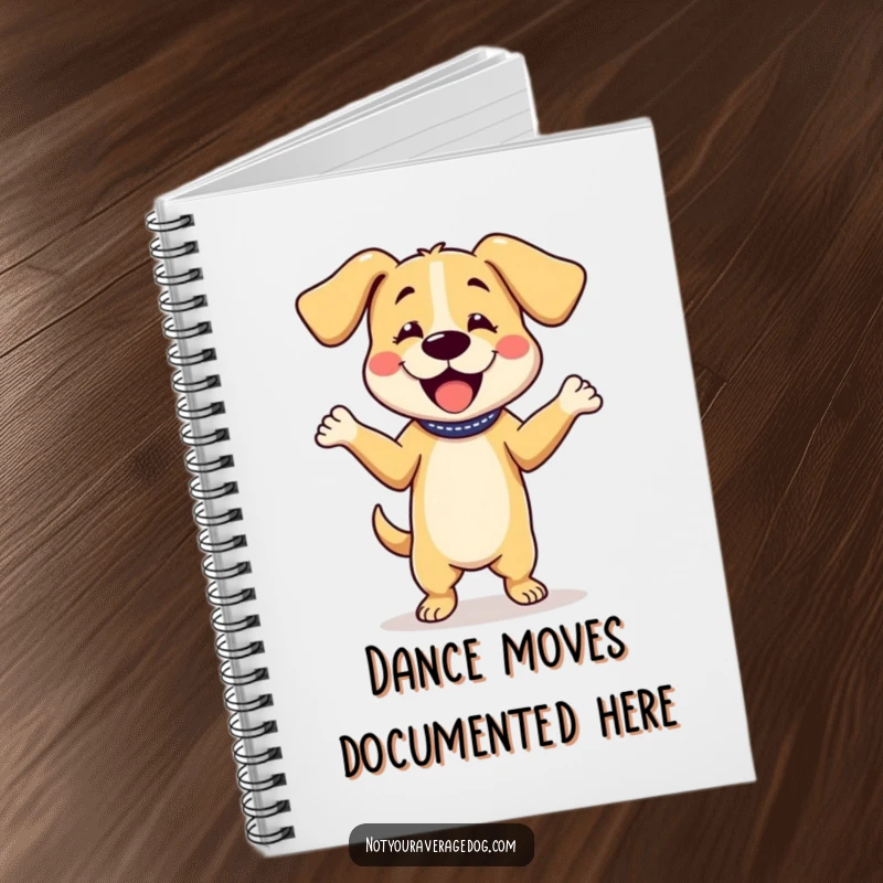 Funny notebook featuring a dog character dancing with its floppy ears on the cover, ideal for jotting down creative ideas.