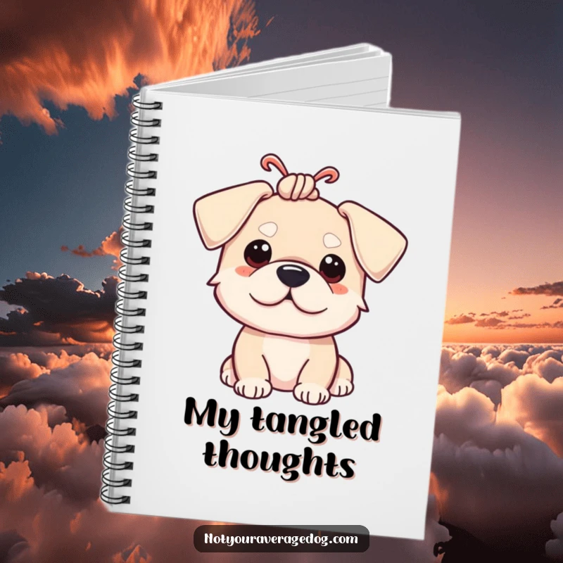 Funny notebook for jotting down notes, with a dog whose ears are tied in a comical knot.