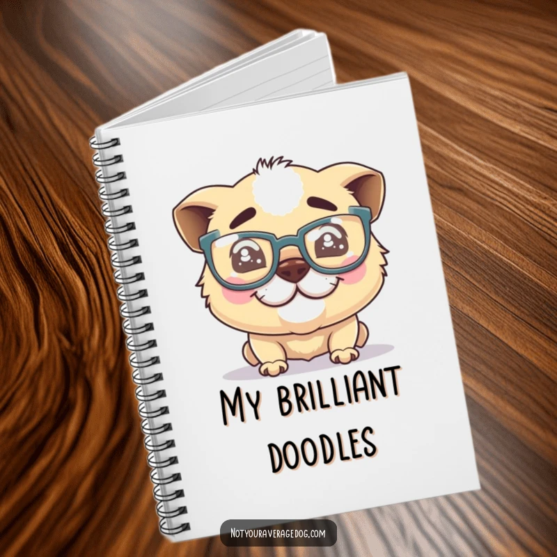 Funny dog glasses notebook, a silly dog character with oversized glasses and a crooked grin, inspiring creative and humorous note-taking.