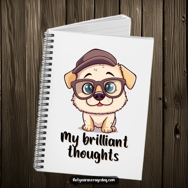 Funny notebook cover featuring a silly dog character wearing oversized comical glasses and a misplaced hat, inspiring creative thoughts and silly notes.