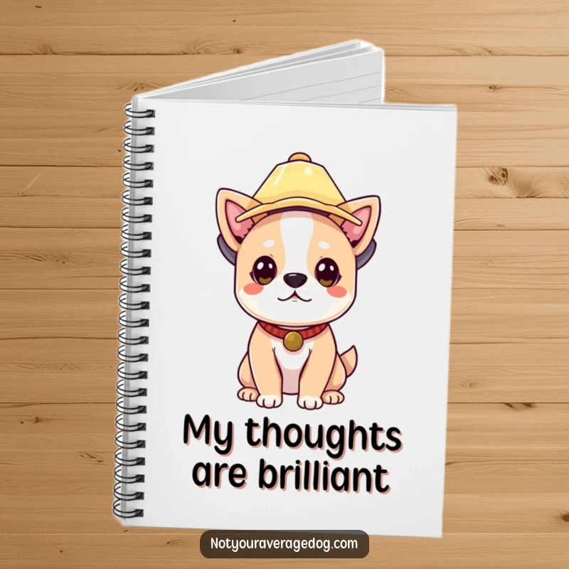 Funny dog wearing a lampshade hat, inspiring creative writing and note-taking with its comical presence.