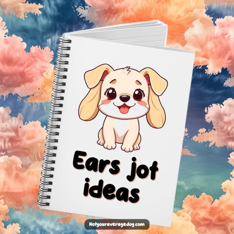 Funny dog notebook cover showing a dog with comically expressive, upright ears, ready to listen to your brilliant (or silly) ideas.