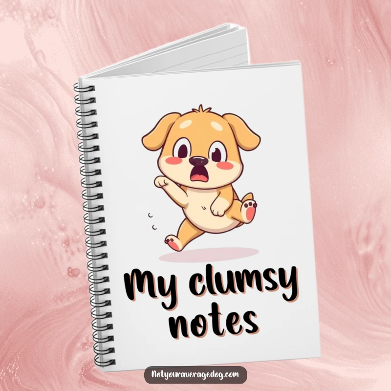 Funny notebook cover featuring a dog tripping over its own feet, captured with a surprised and silly expression.