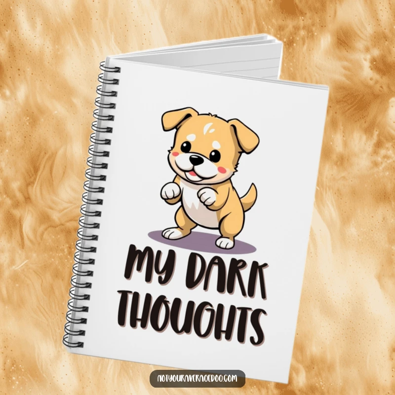 Funny notebook with a dog playfully pouncing on its shadow, ready for notes and inspiration.