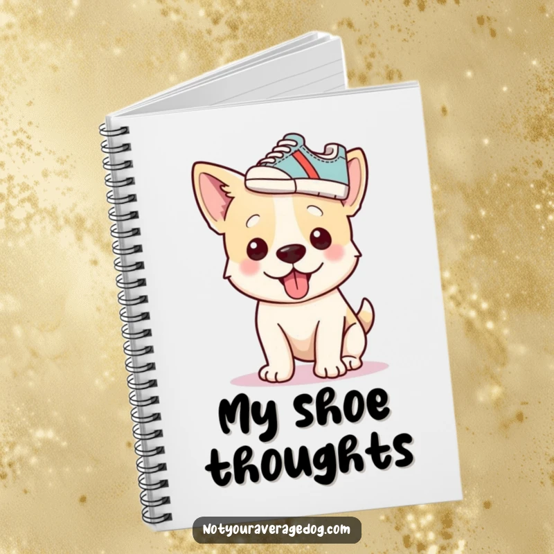 Funny dog with a shoe on its head as a hat, featured on a notebook, ideal for humorous writing.