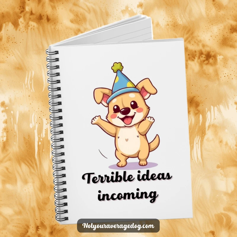 Funny dog wearing a silly hat, mid-clumsy spin, on a notebook cover, for funny notes.