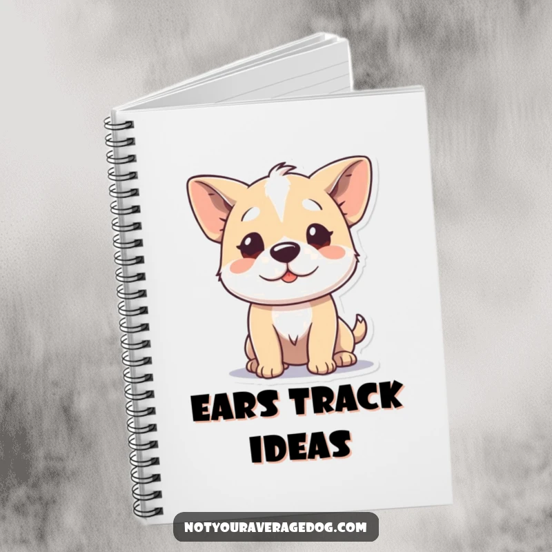 Funny notebook featuring a dog character wiggling its ears independently on the cover, ideal for taking notes with a smile.