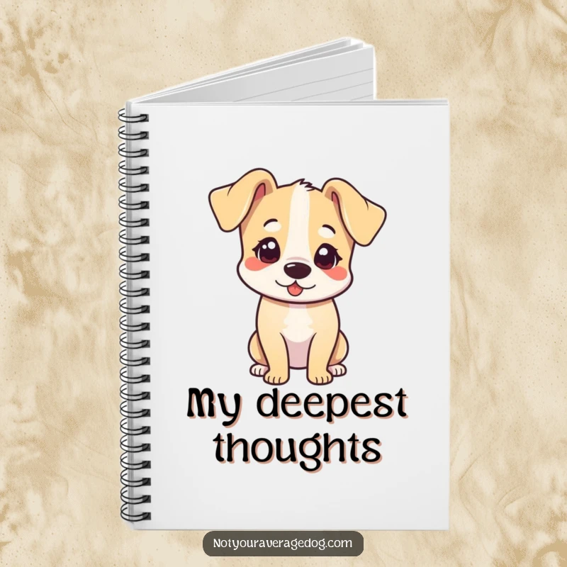 Funny notebook cover featuring a dog with its head tilted and ears flopped adorward.