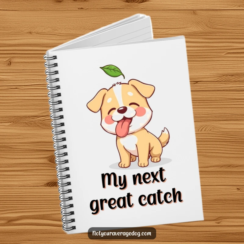 Funny notebook cover featuring a dog humorously trying to catch a falling leaf with its tongue.