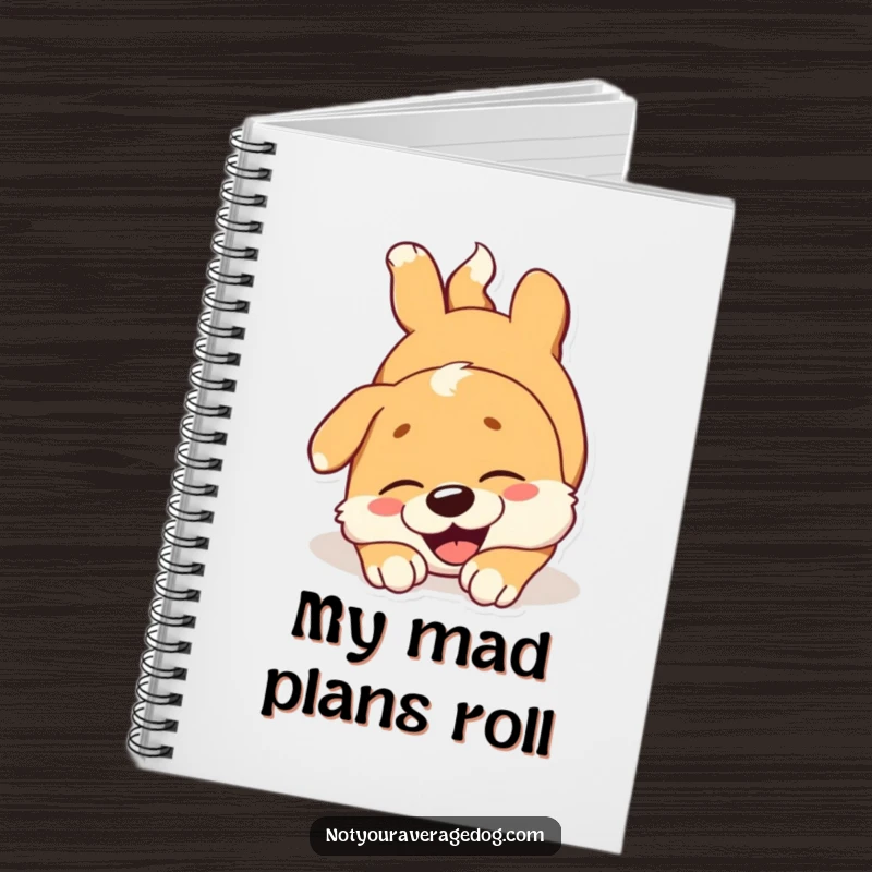 Funny dog notebook depicting a joyous dog tumbling head over paws, perfect for jotting down ideas with a fun flair.