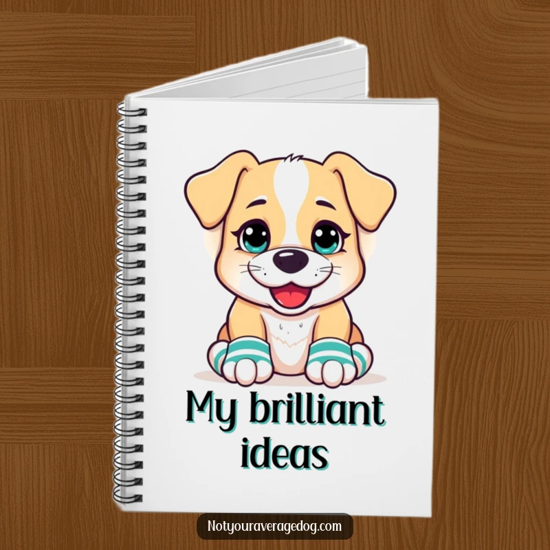 Funny Dog Notebook with a goofy grin, wearing mismatched socks on its front paws, perfect for jotting down notes with a side of humor.