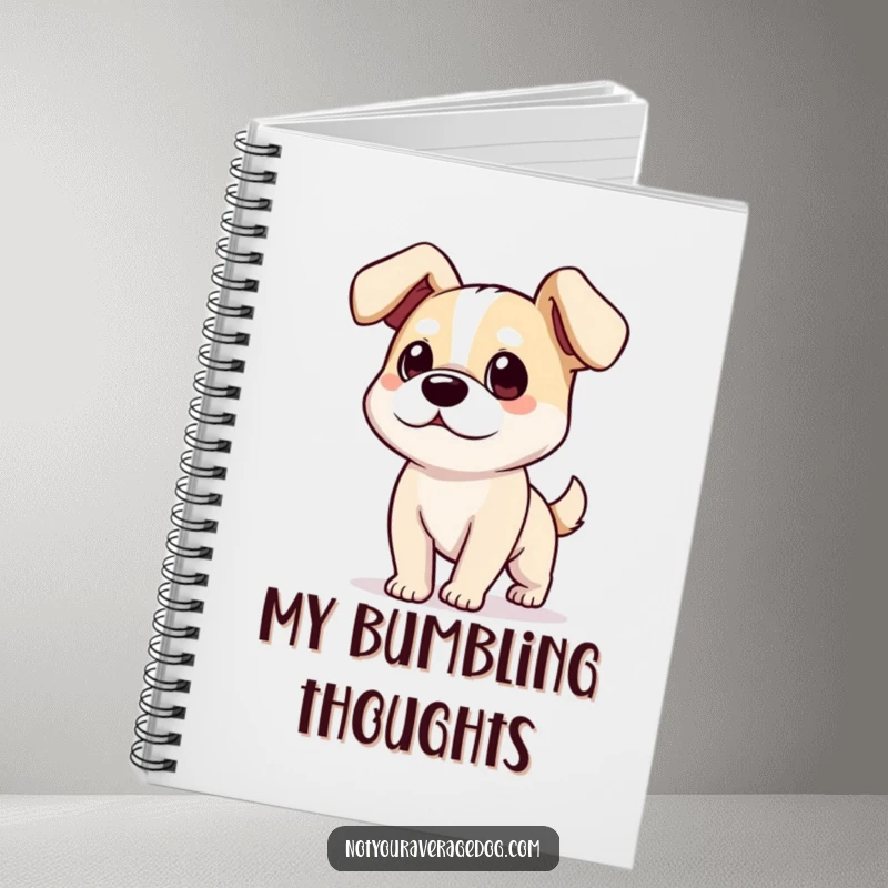 Funny dog with comically floppy ears on a notebook cover, ideal for humorous writing.