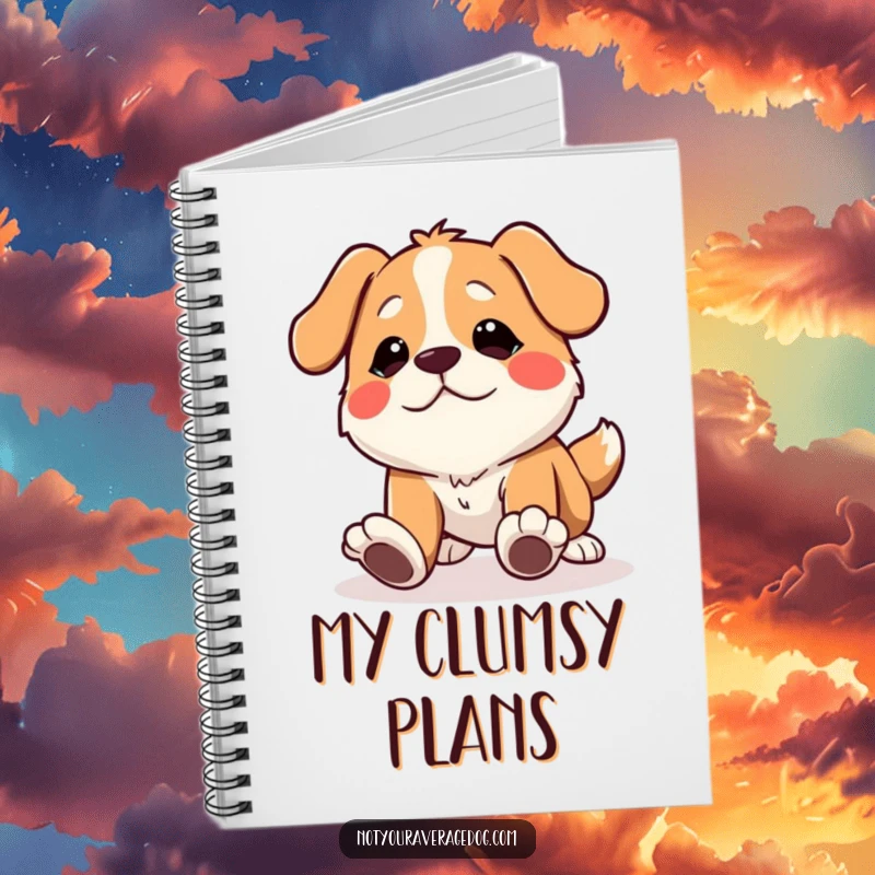 Funny dog notebook with a character tripping over its own feet with a comical expression, great for notes.