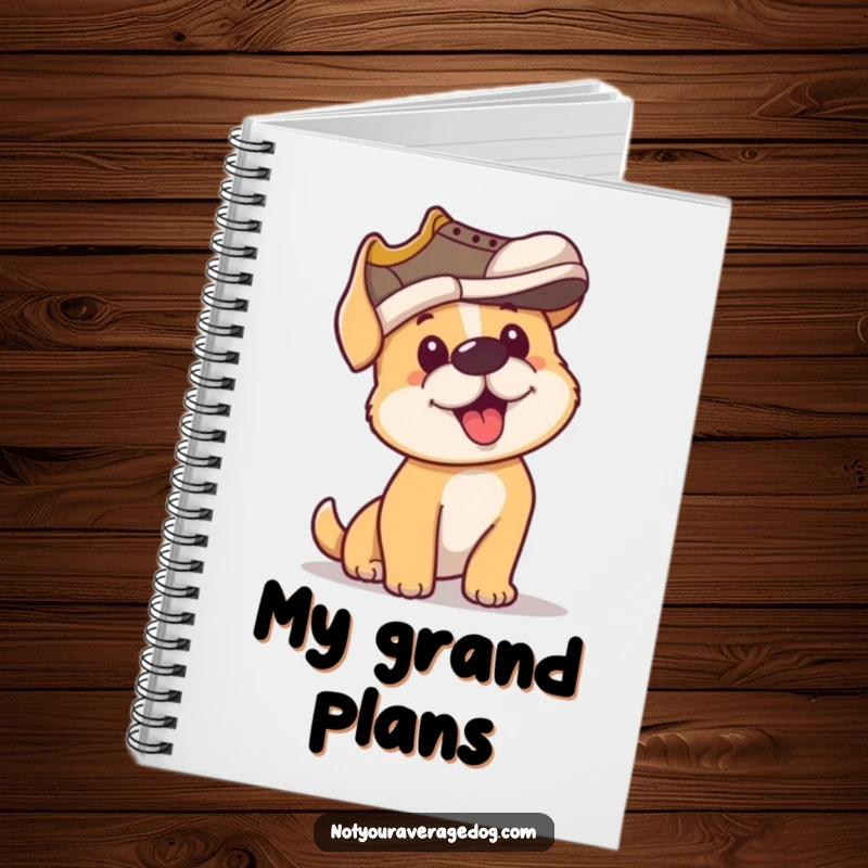 Funny notebook cover featuring a dog with serious determination trying to wear a shoe as a hat, inspiring creative thoughts.