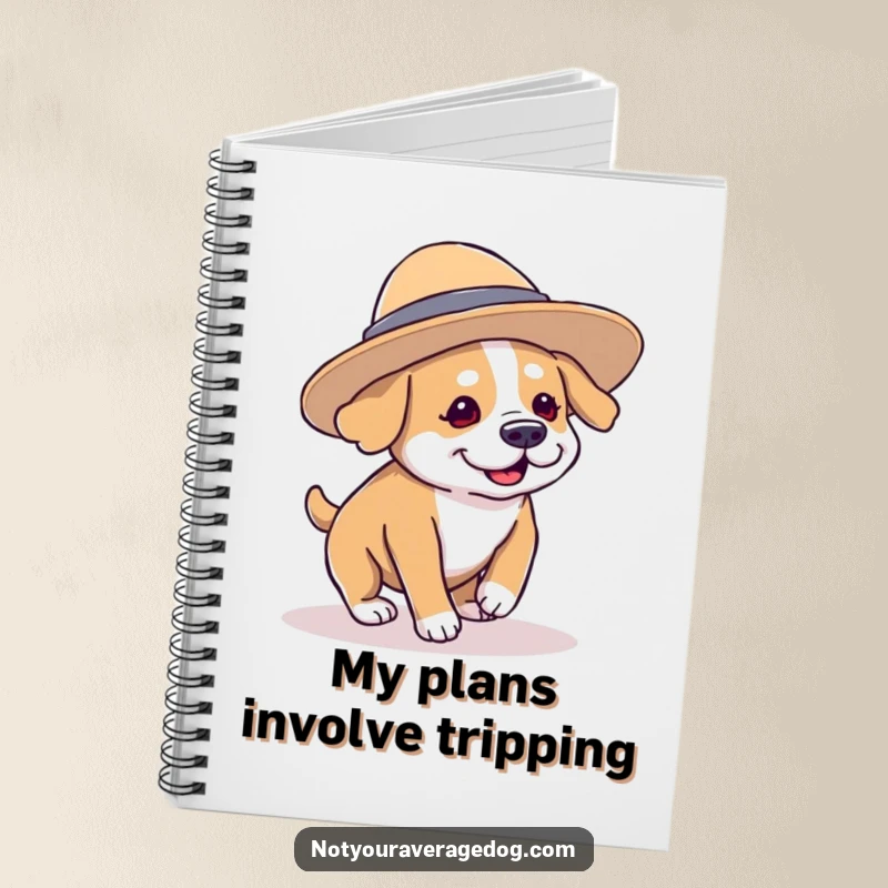Funny dog character wearing a comically oversized hat and tripping over its paws, a cute and humorous notebook for writing.