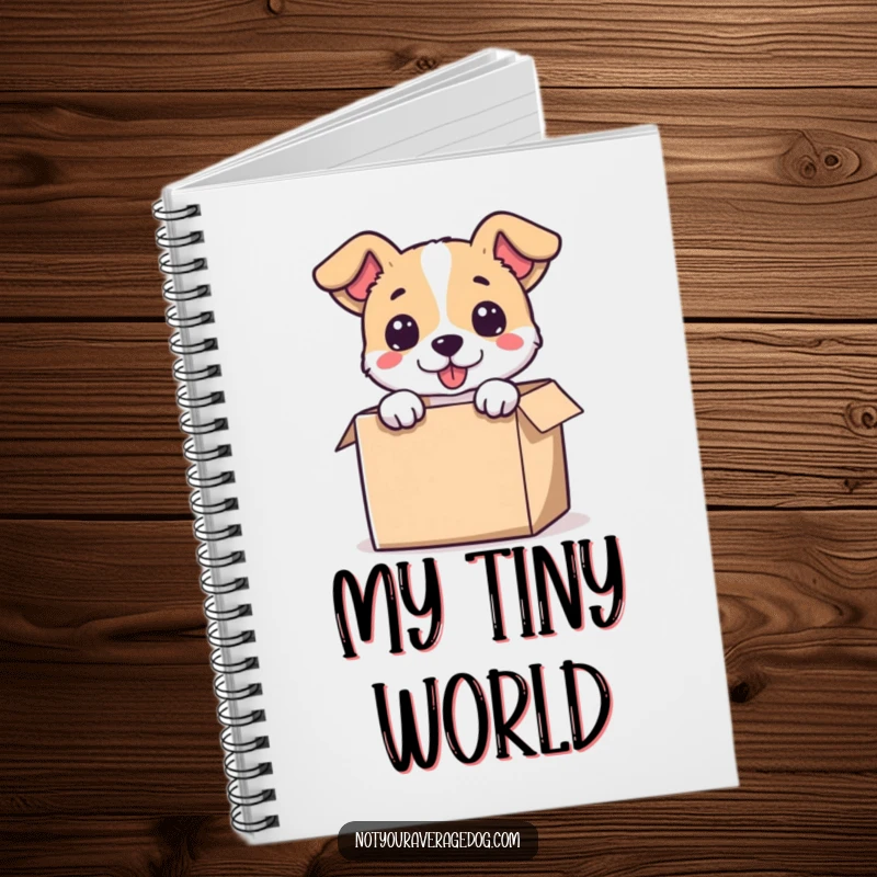 Funny notebook featuring a dog’s head sticking out of a tiny box, perfect for jotting down funny thoughts and notes.
