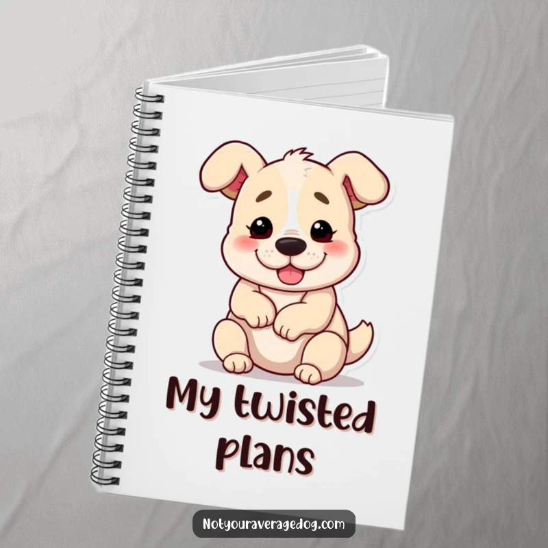 Funny dog contorted into a pretzel shape on a notebook cover, designed for humorous note-taking.