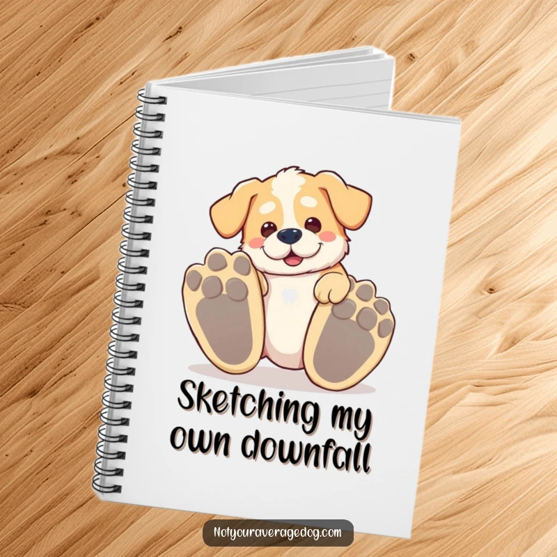 Funny tripping dog notebook, showing a silly dog tripping over its own enormous paws.