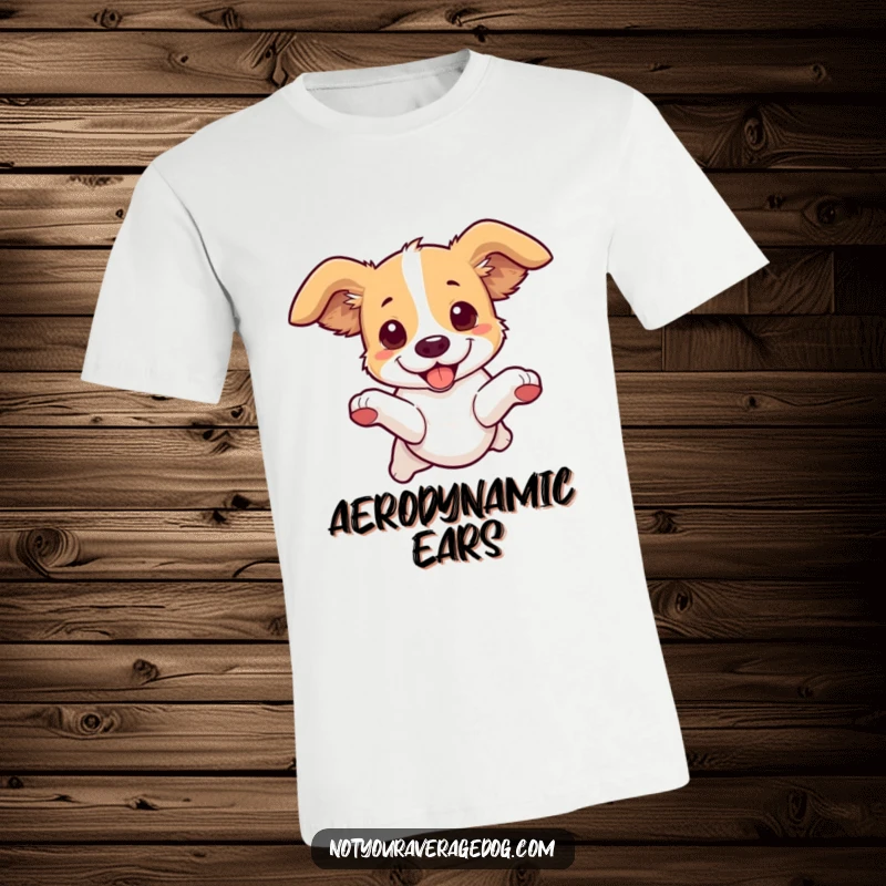 Funny Dog Leaping T-Shirt: A dog leaps dynamically, its ears flapping comically in opposite directions.