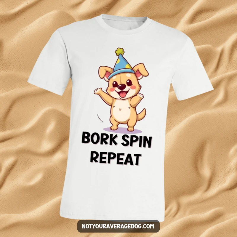 Funny dog wearing a silly hat, mid-clumsy spin, on a t-shirt, capturing comical joy.