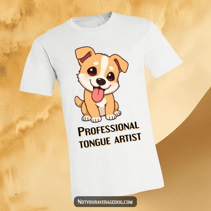 Funny dog t-shirt with tongue lolling out at a comical angle, expressing pure, unadulterated canine joy and silliness.