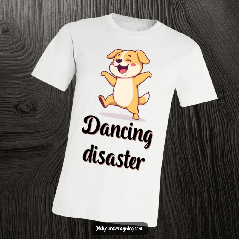 Funny t-shirt featuring a dog performing an overly dramatic and clumsy dance with exaggerated, jerky movements.