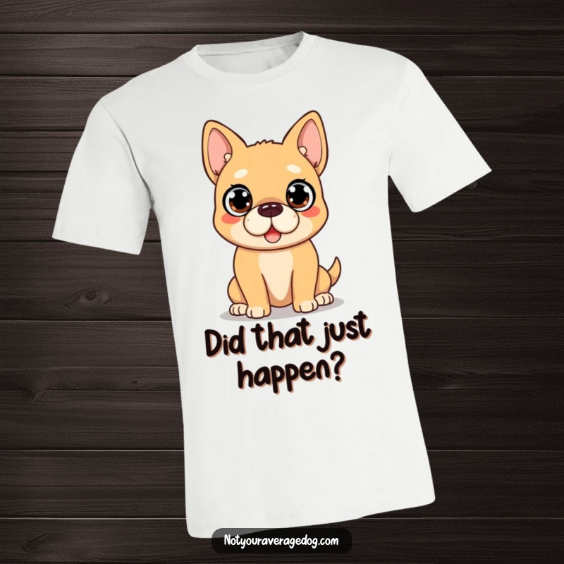 Funny Dog T-Shirt: A dog displays a comically surprised expression with very wide, round eyes, full of shock.