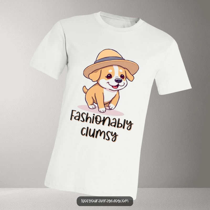 Funny dog with a comically oversized hat tripping over its paws, a hilarious and relatable t-shirt for dog enthusiasts.