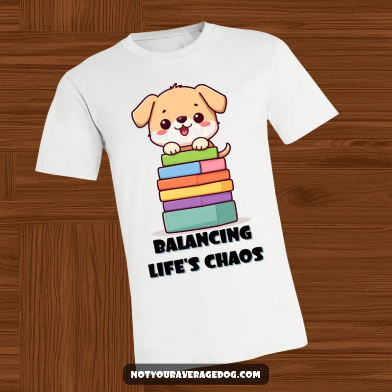 Funny dog t-shirt showing a character precariously balancing a stack of colorful blocks, highlighting playful agility.