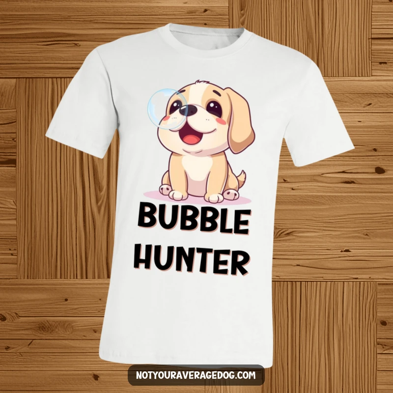 Funny graphic t-shirt of a dog focused on catching a soap bubble with its nose, celebrating playful curiosity and humor.