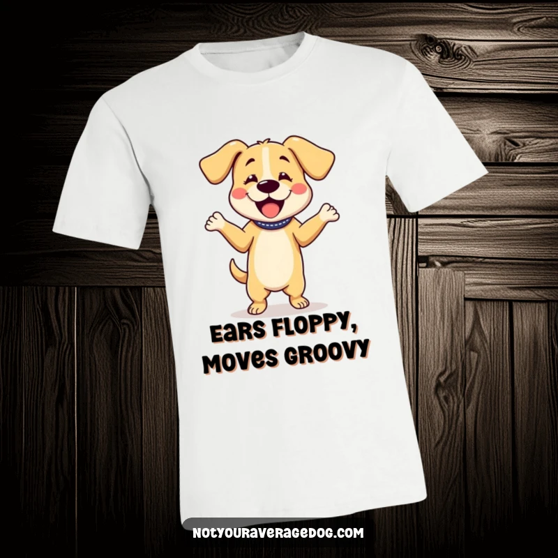 Funny t-shirt showing a dog character doing a silly dance with its floppy ears bouncing, a delightful depiction of canine revelry.