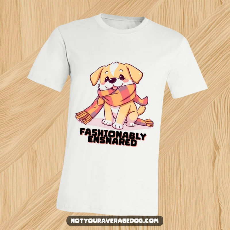 Funny Dog T-Shirt of a dog energetically getting tangled in a very long, colorful scarf, looking amusingly overwhelmed and happy.