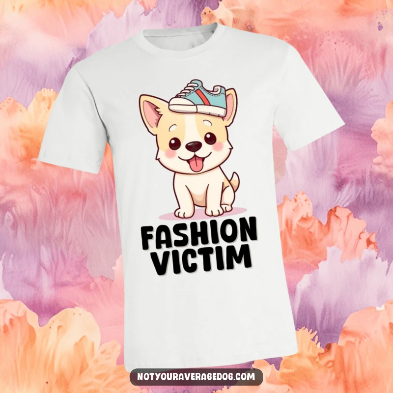 Funny dog wearing a small shoe on its head as a hat, printed on a t-shirt, conveying pure silliness.