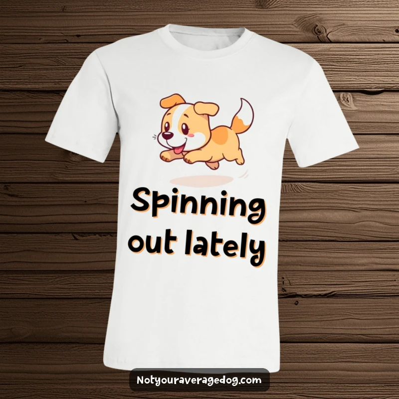 Funny dog caught in a comical, dizzying spin while chasing its tail, printed on a t-shirt.