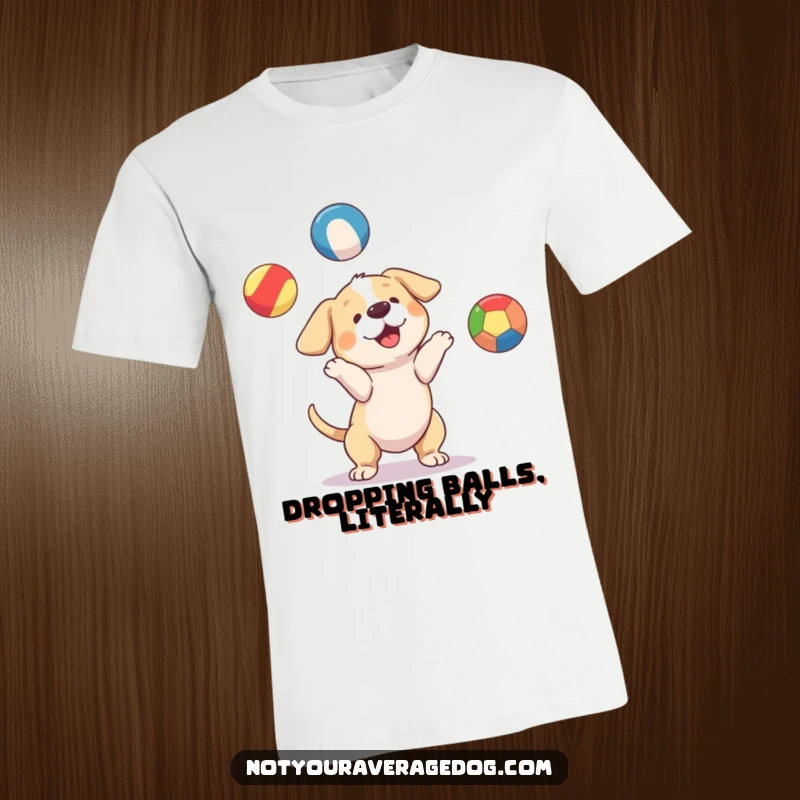 Funny dog attempting to juggle three mismatched, brightly colored balls, a hilarious and action-packed t-shirt design.