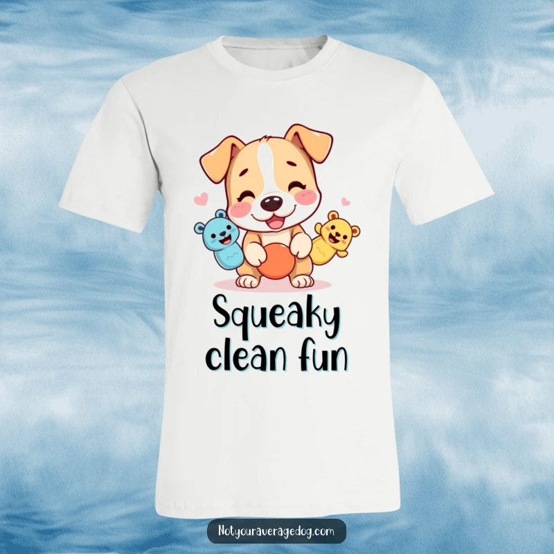 Funny dog t-shirt featuring a character juggling three squeaky toys with playful energy and a determined look.