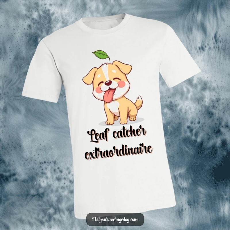 Funny t-shirt featuring a dog hilariously failing to catch a falling leaf with its tongue outstretched.