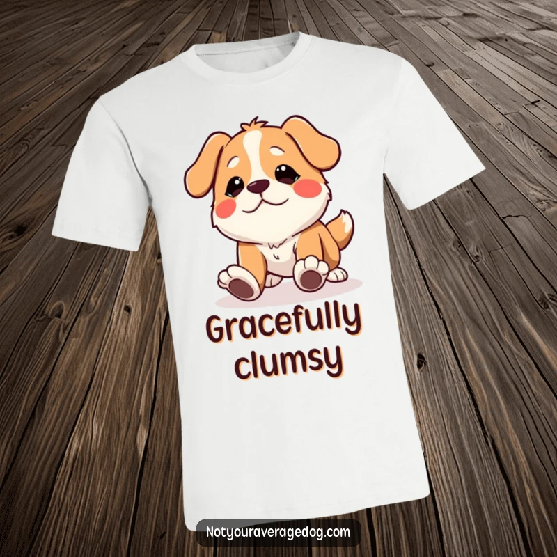 Funny dog t-shirt showing a character tripping over its own feet with a comical and relatable expression.