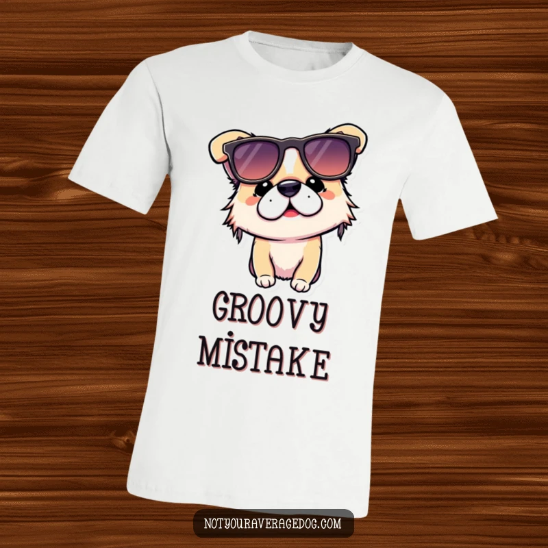 Funny dog t-shirt depicting a dog hilariously wearing sunglasses upside down, showcasing a comical fashion blunder.