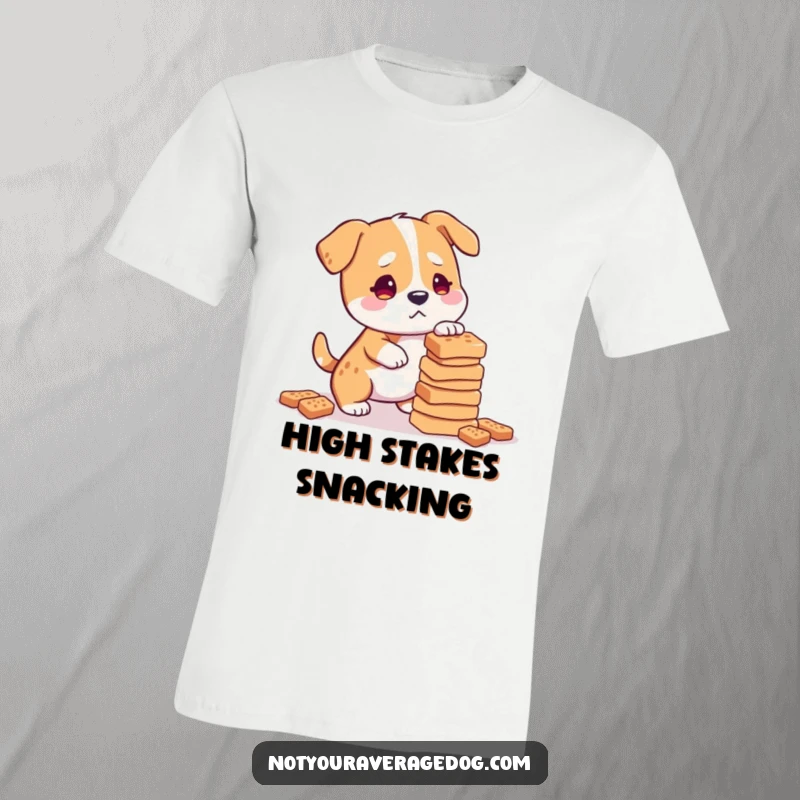 Funny confused dog trying to balance many treats, featured on a humorous t-shirt.