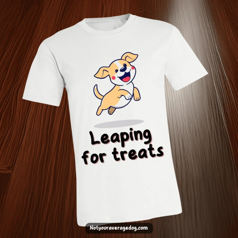 Funny clumsy dog jump t-shirt featuring a dog silhouette in an excited, awkward mid-air leap, capturing pure canine joy.